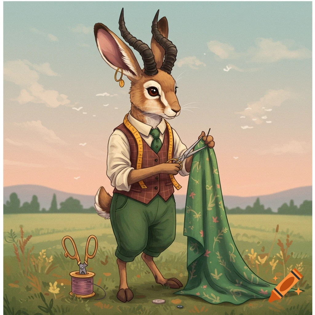 An anthropomorphic antelope jackrabbit tailor cutting fabric in a field.