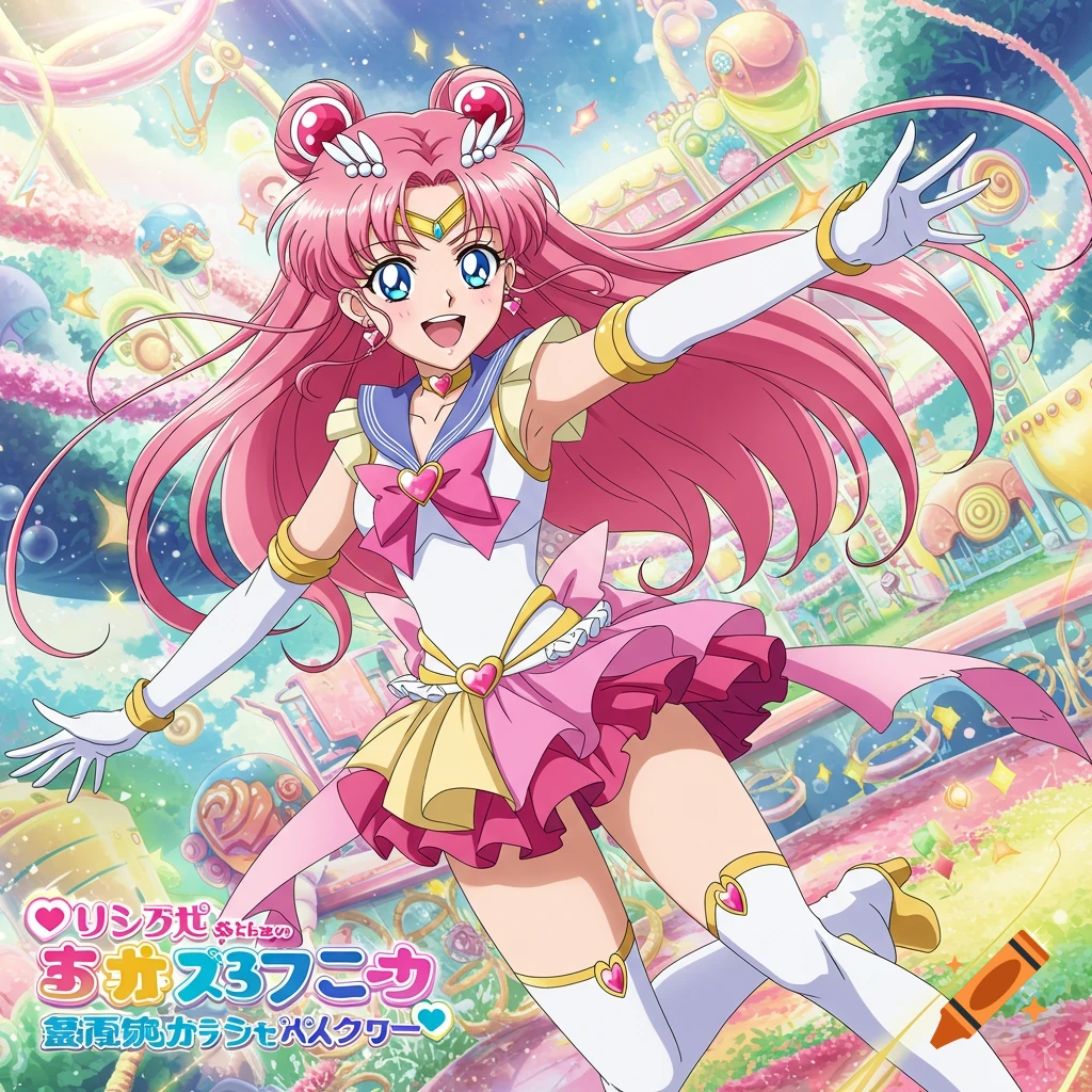 Anime girl with pink hair in a pink and white sailor suit poses against a colorful, fantastical background.