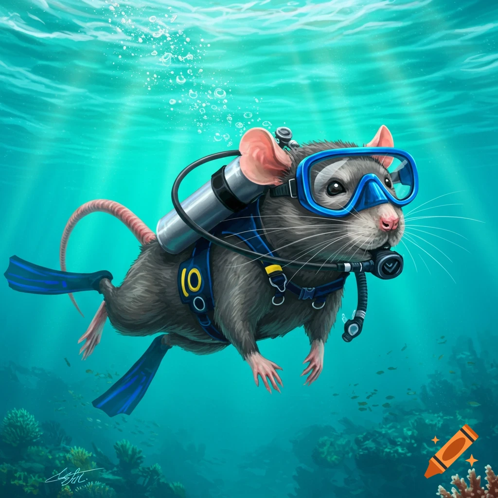 A rat in scuba gear swimming underwater.