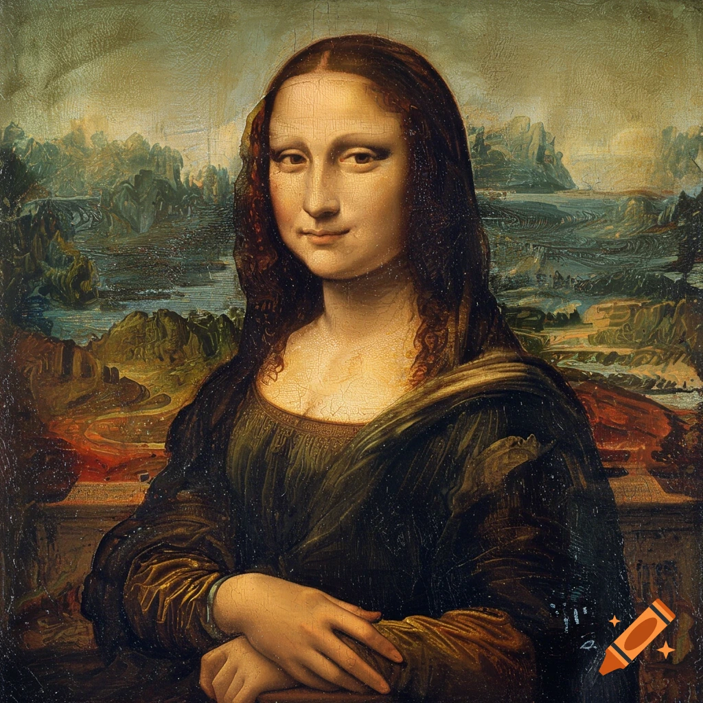 Portrait of the Mona Lisa painting with visible brushstrokes and wear