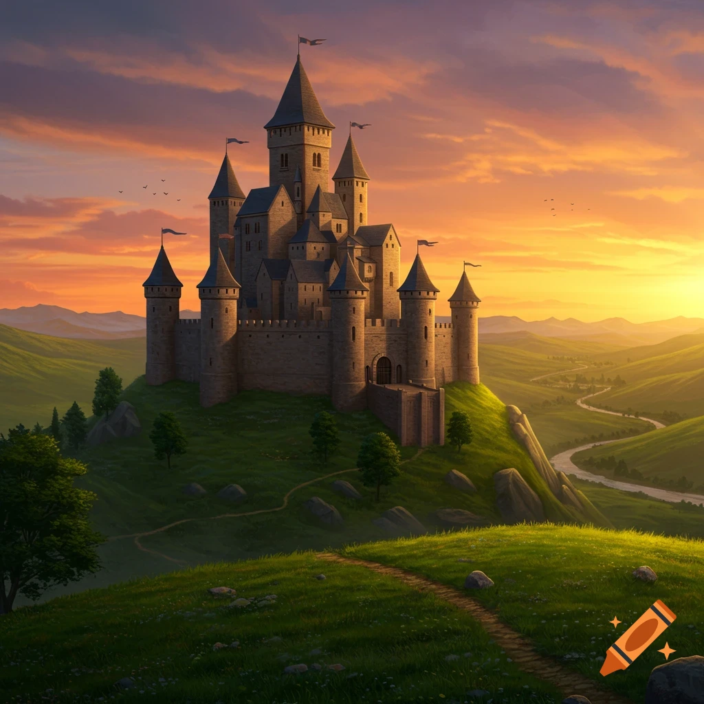 A fantasy castle on a hill overlooking a river valley at sunset.