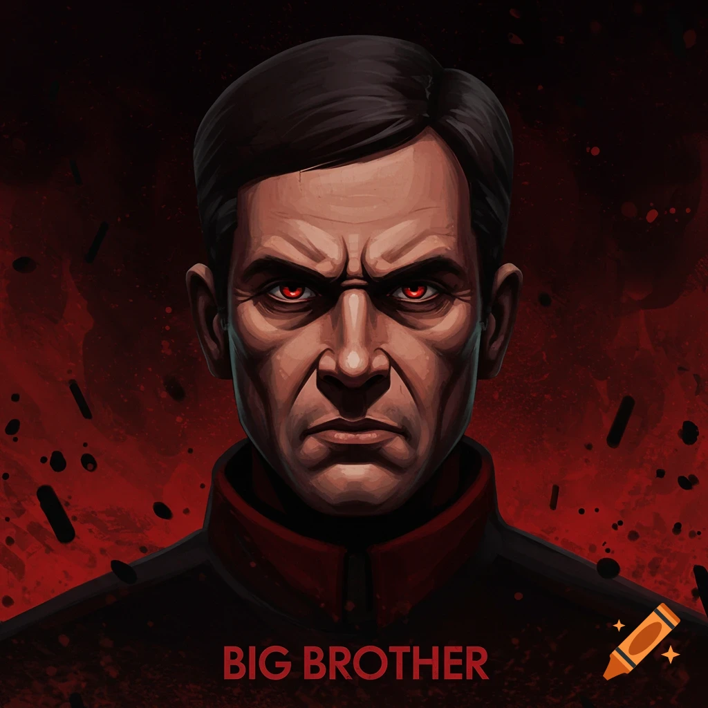 Big Brother with glowing red eyes on a red and black background, text reads 'BIG BROTHER'.