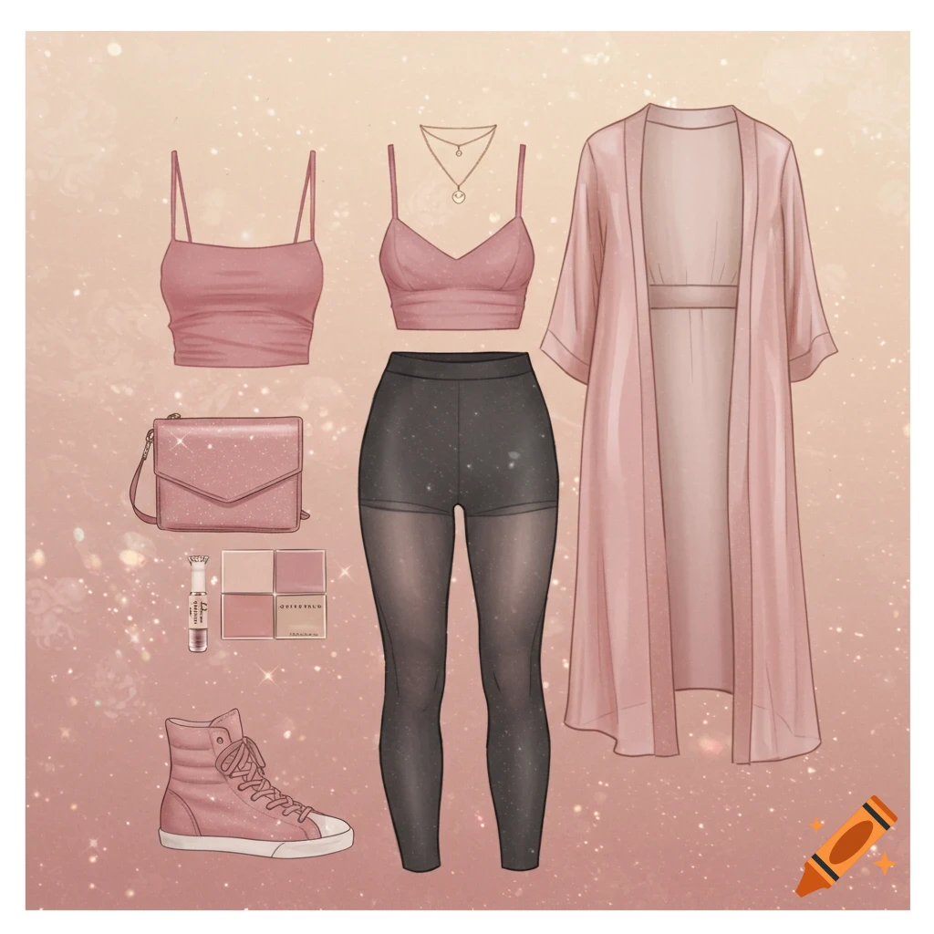 Flat lay digital illustration of a stylish pink and black outfit with accessories.