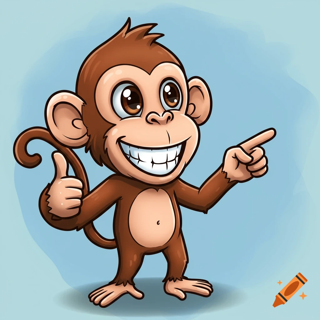 Cartoon monkey giving thumbs up and pointing on blue background.