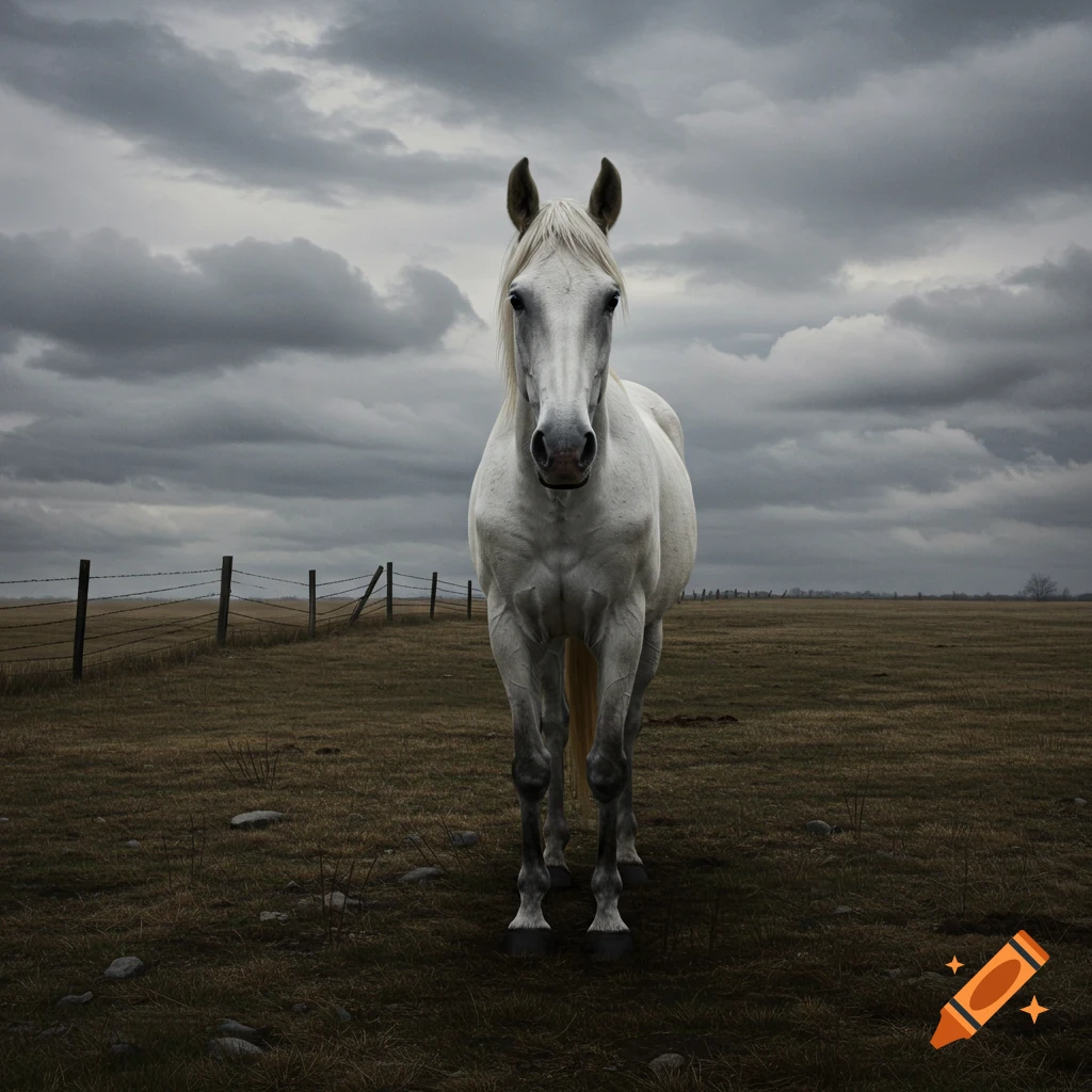 A white horse stands in a field under a dark cloudy sky.