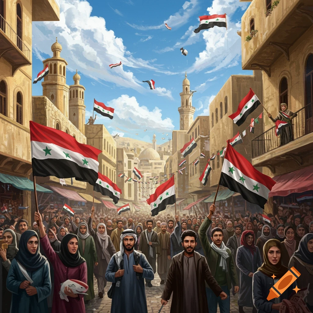 A large crowd in a city street waves Syrian flags.