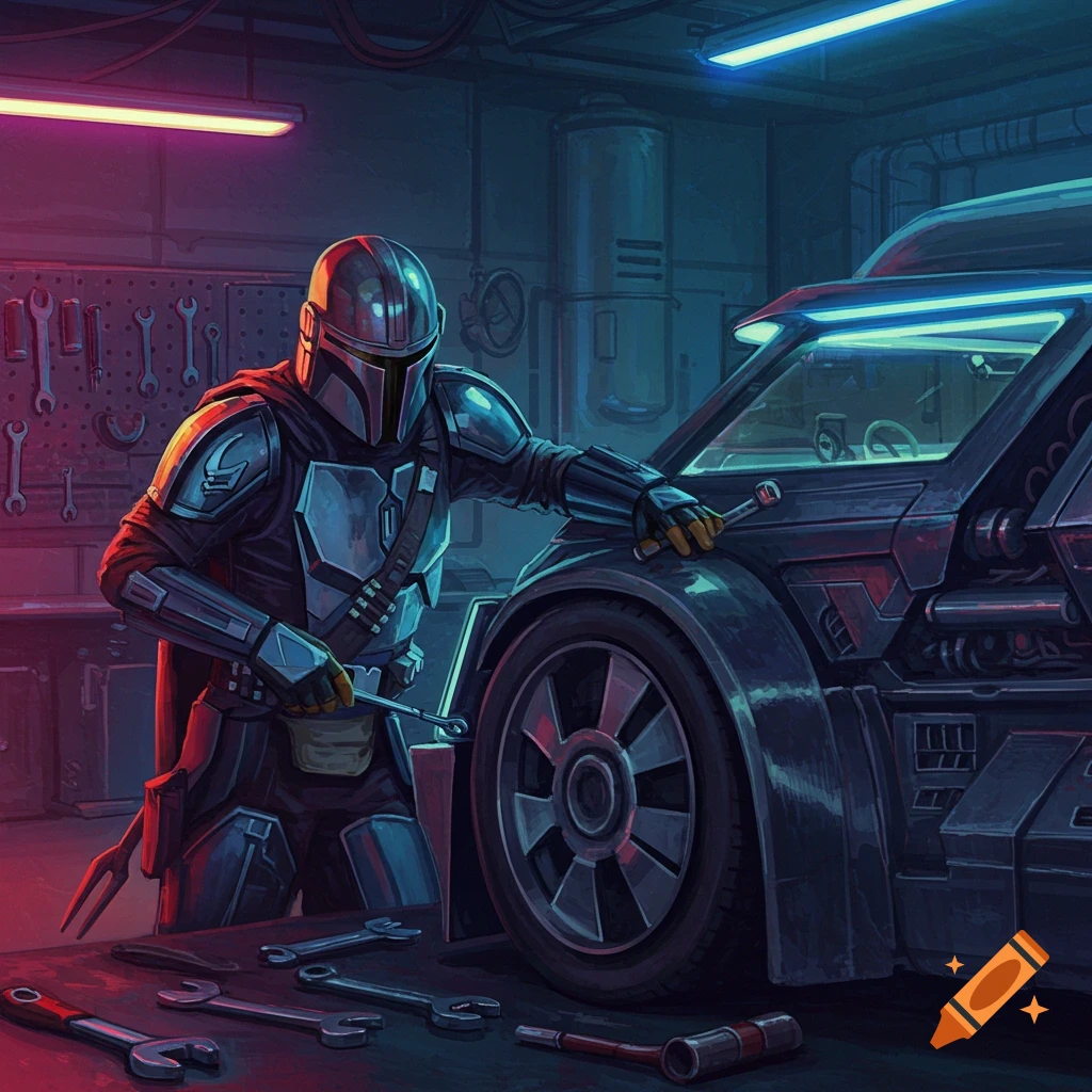 A figure in Mandalorian armor working on a vehicle in a garage.