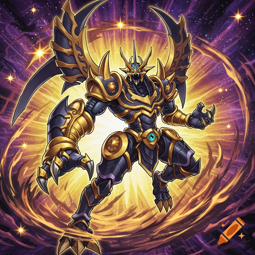 A black and gold fantasy monster with wings and claws in a cosmic background.
