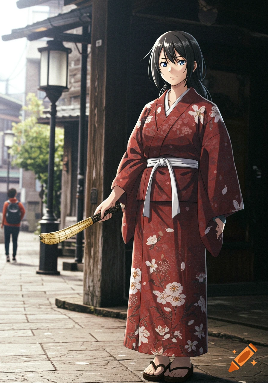 Anime character in a red kimono holding a staff on a traditional street.
