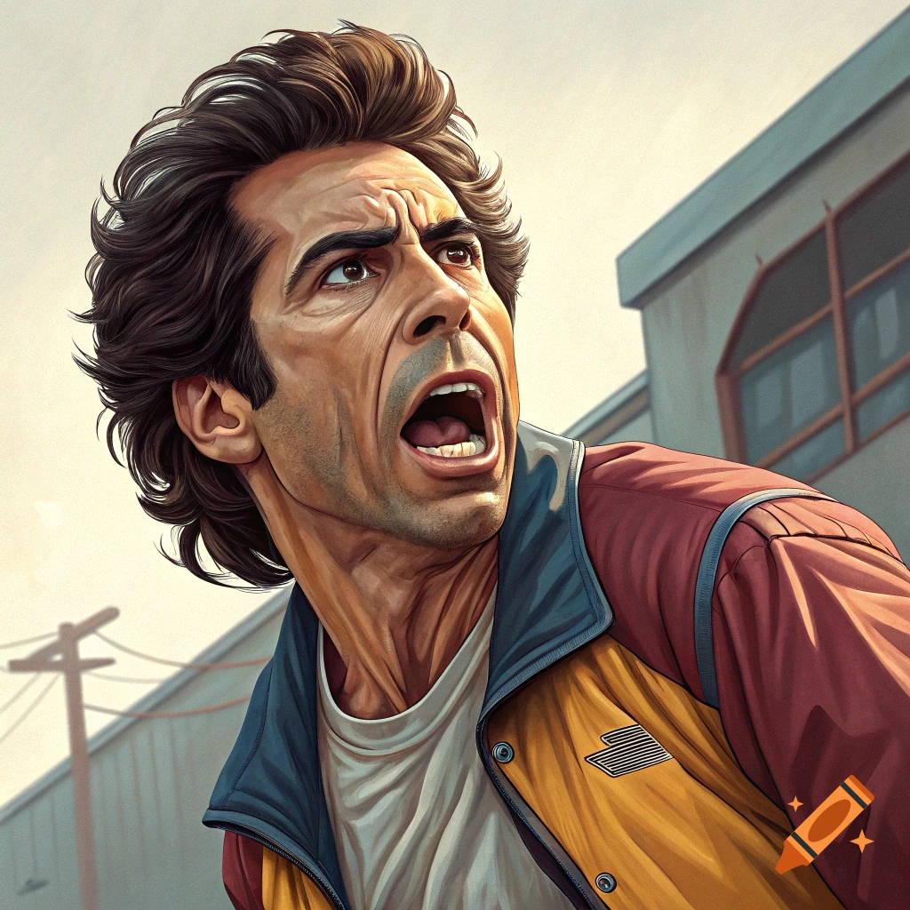 Stylized illustration of a man with brown hair and a jacket, looking up and screaming with an exaggerated expression.