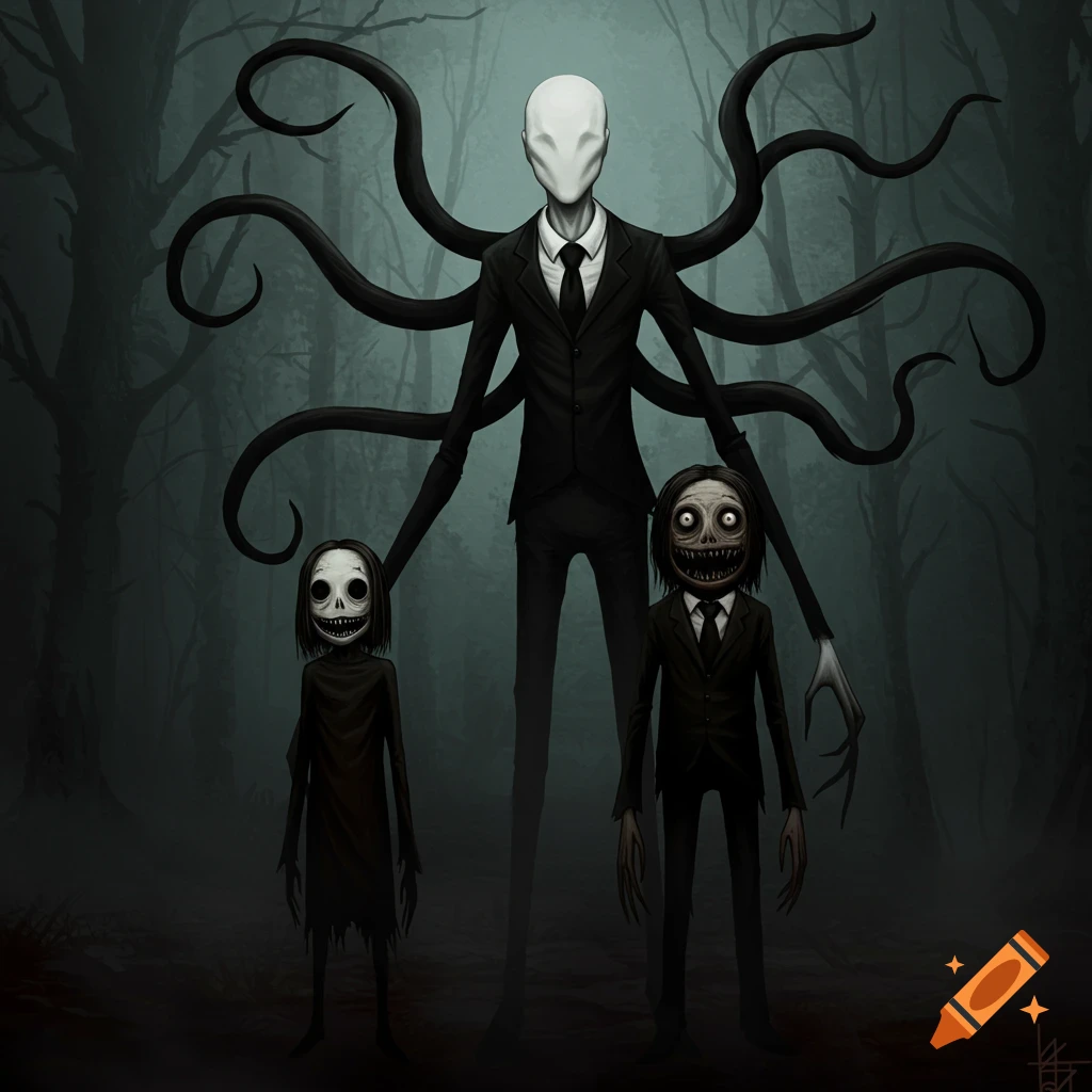 Slenderman with two smaller scary figures in a dark forest.