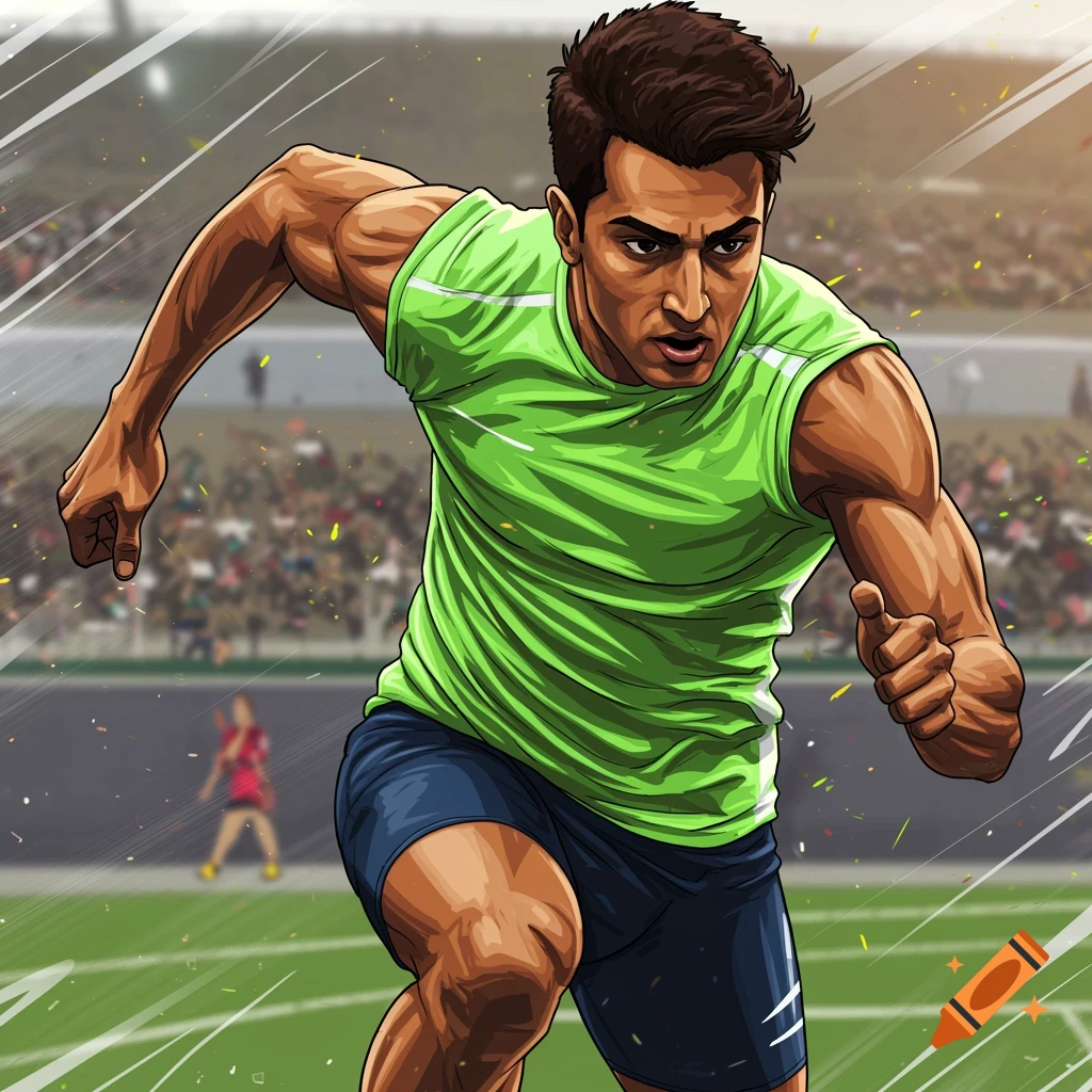 An image in comic book style of a male athlete sprinting in a stadium.