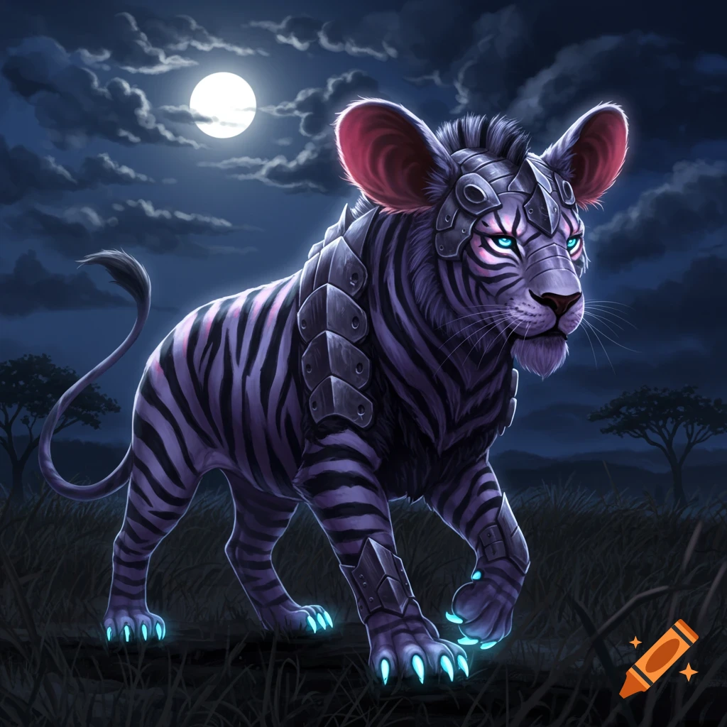 A mythical striped creature with large ears, armor, and glowing claws walking in a savanna at night under a full moon.