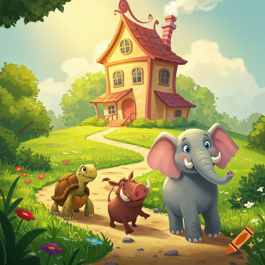 A turtle, warthog, and elephant walk up a path towards a whimsical house in a sunny, illustrated landscape.