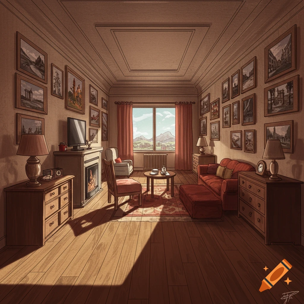 Detailed illustration of a living room in 1-point perspective, featuring paintings on the walls, a fireplace, furniture, and a window view of mountains.