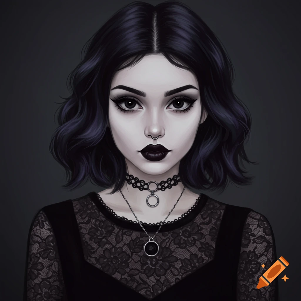 A goth woman with dark makeup, choker, and lace top.