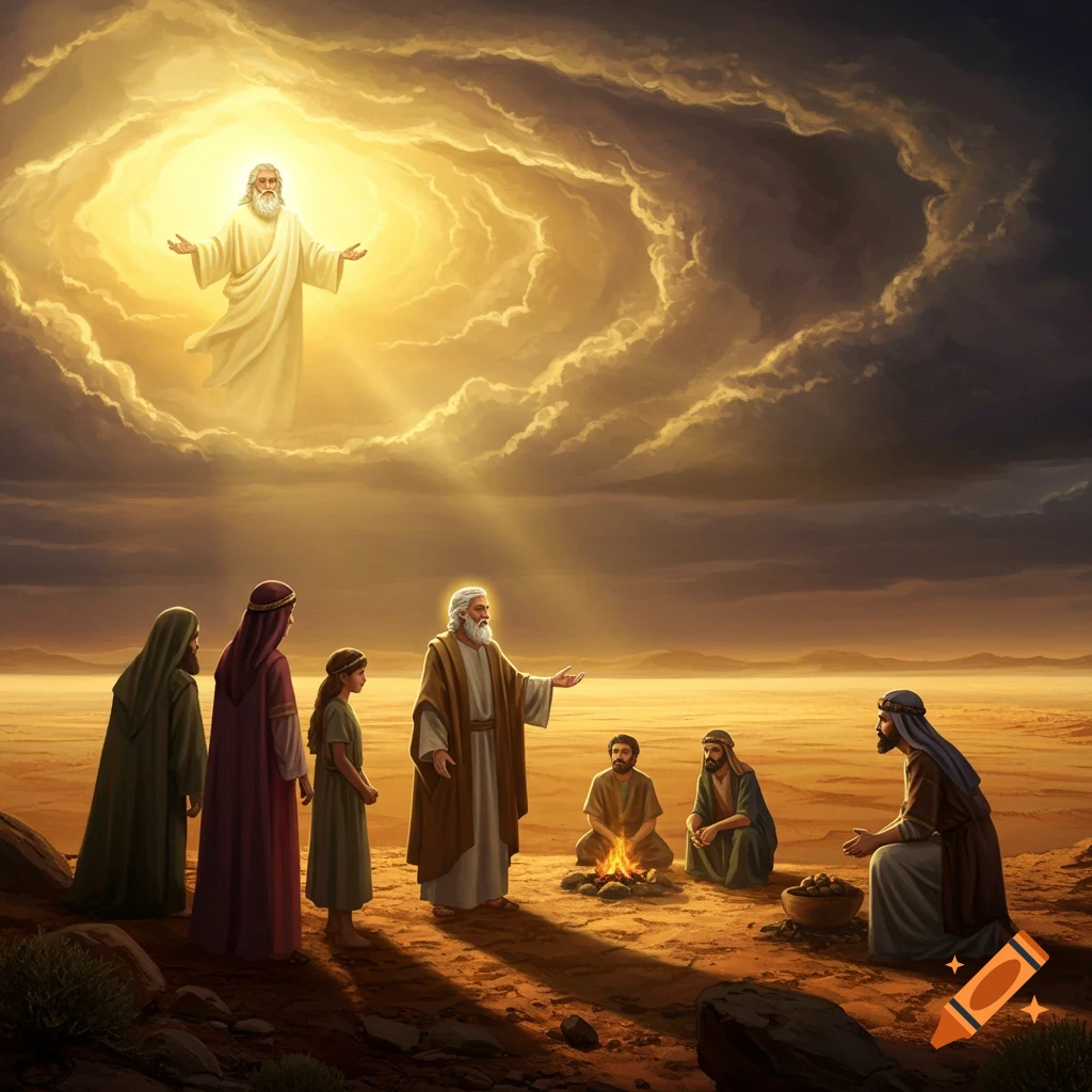 Abraham and people in a desert looking up at a figure in bright clouds.