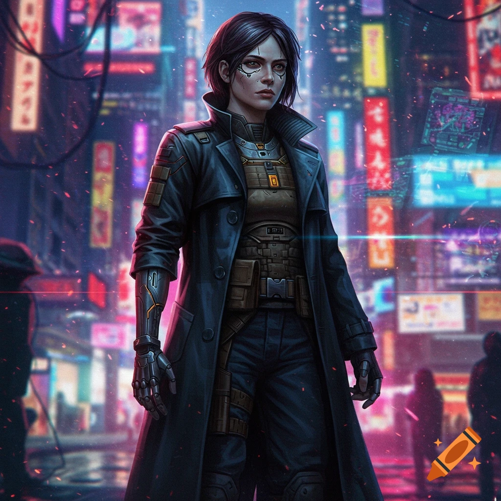 A person in a black trench coat and cybernetic arm stands on a neon cyberpunk street.