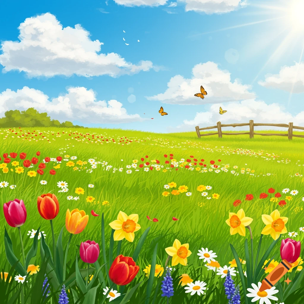 A sunny spring field with colorful tulips, daffodils, daisies, and other flowers under a blue sky with clouds and butterflies.