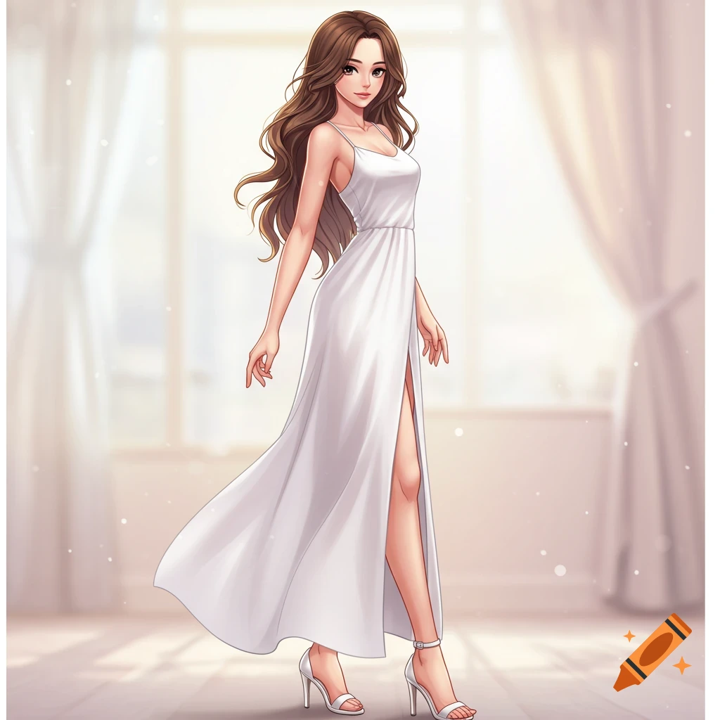 An anime girl with long brown hair wears a white maxi dress with a slit and white heels.