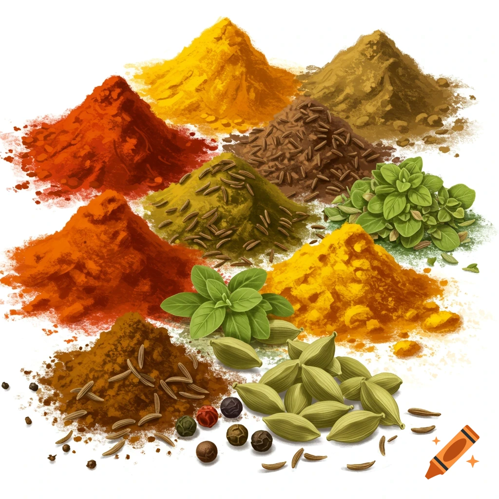 Piles of colorful spices, herbs, and seeds on a white background.