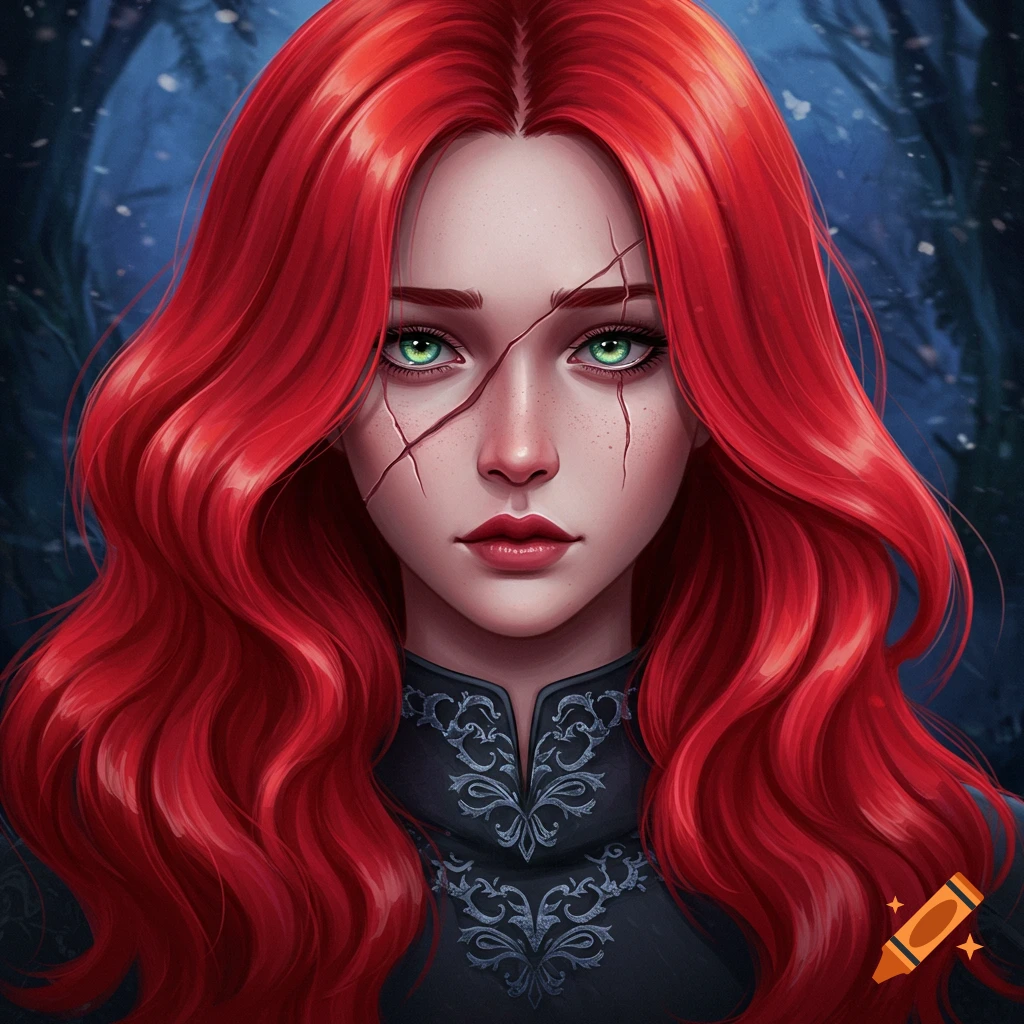 Portrait of a young woman with red hair, green eyes, and facial scars.