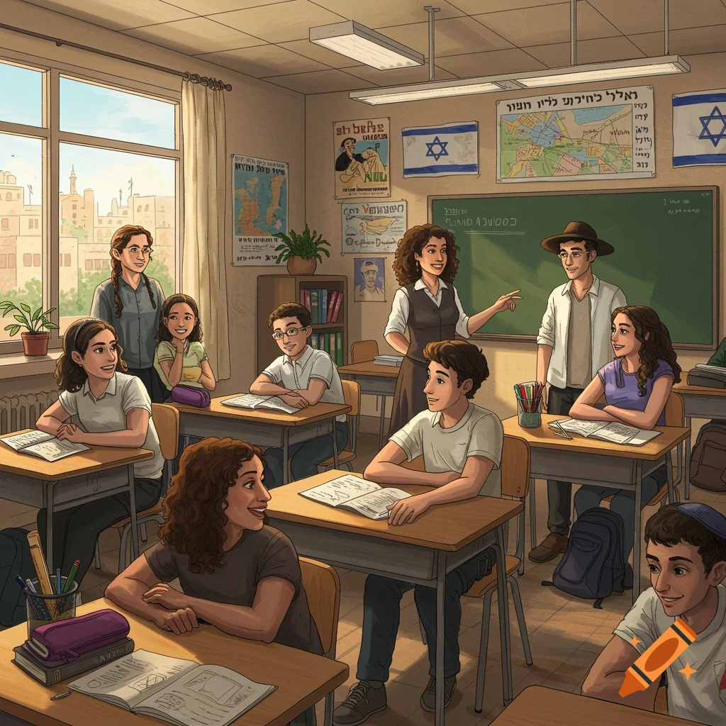 Students and teachers in a vibrant classroom in Tel Aviv.