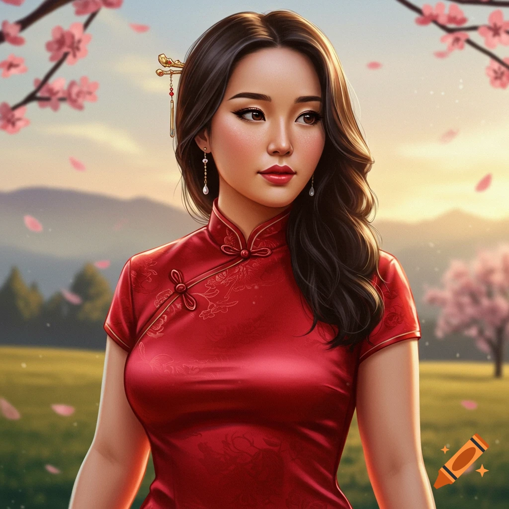 An Asian woman in a red traditional dress stands under cherry blossoms.