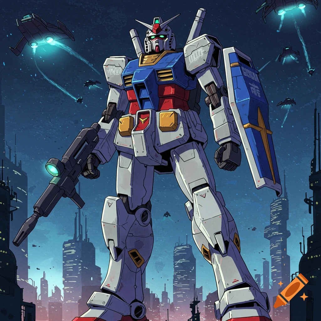 A giant Gundam robot stands in a futuristic city at night, holding a rifle and shield, with flying spacecraft.