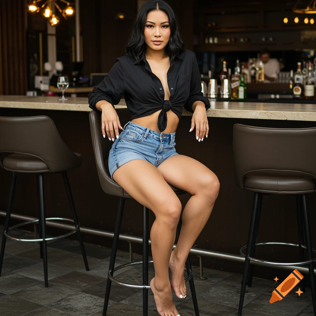 A woman in a black tied shirt and jean shorts sits on a barstool in a luxury bar.