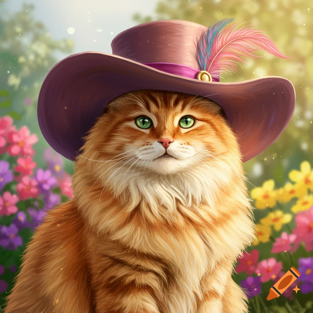 An orange cat wearing a purple hat with a feather is in a garden.