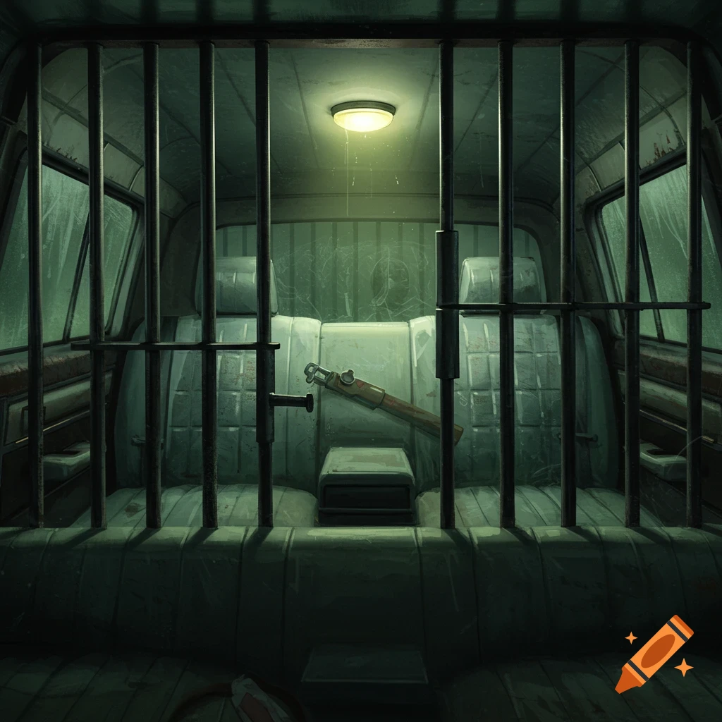 The backseat of a car has been converted into a prison cell, with a gun resting on the seat.