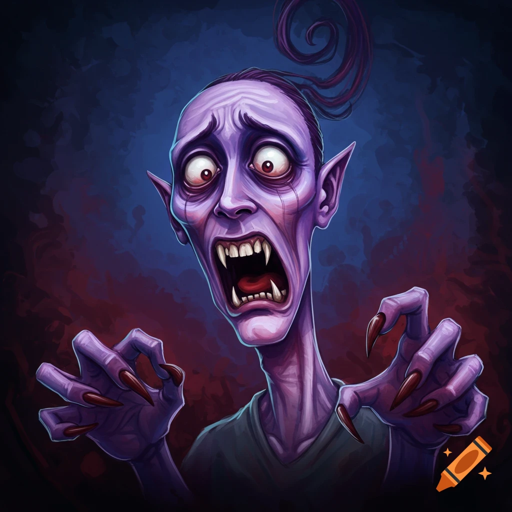 A purple monster with sharp teeth and claws, looking fearful