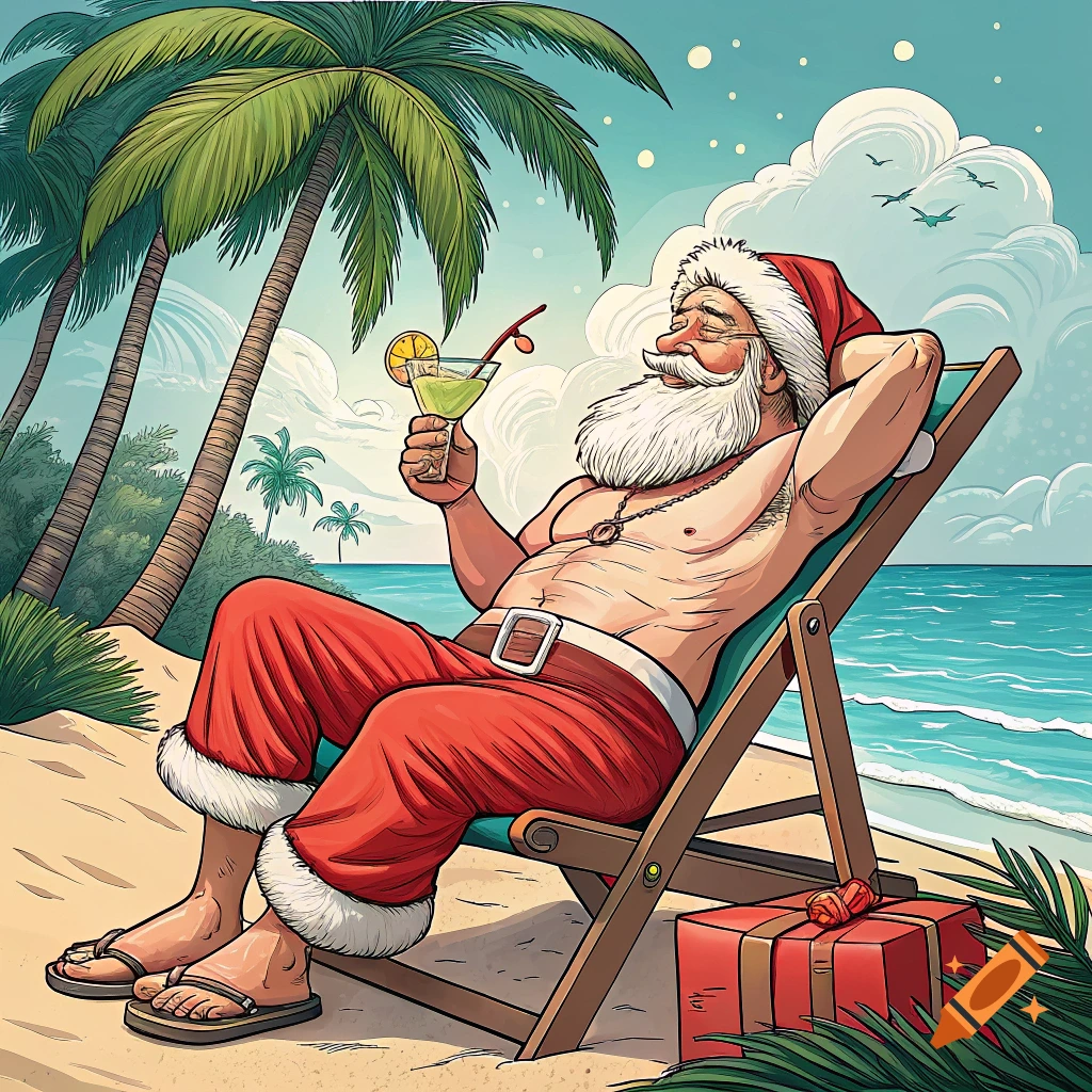 Santa Claus lounges on a beach chair with a drink.