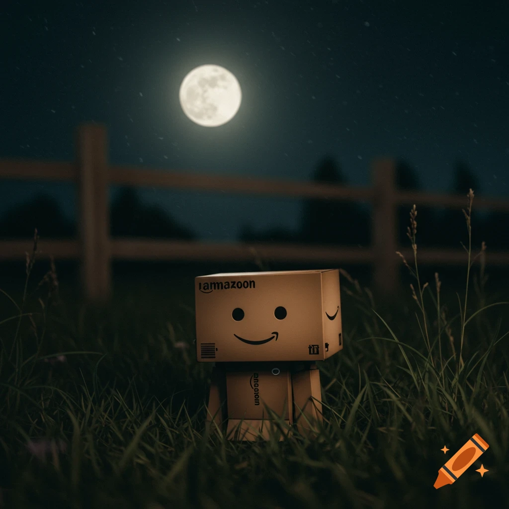 A cardboard box character with a smile face sits in tall grass under a full moon at night.
