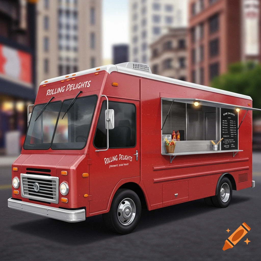 A red food truck named Rolling Delights on a city street.