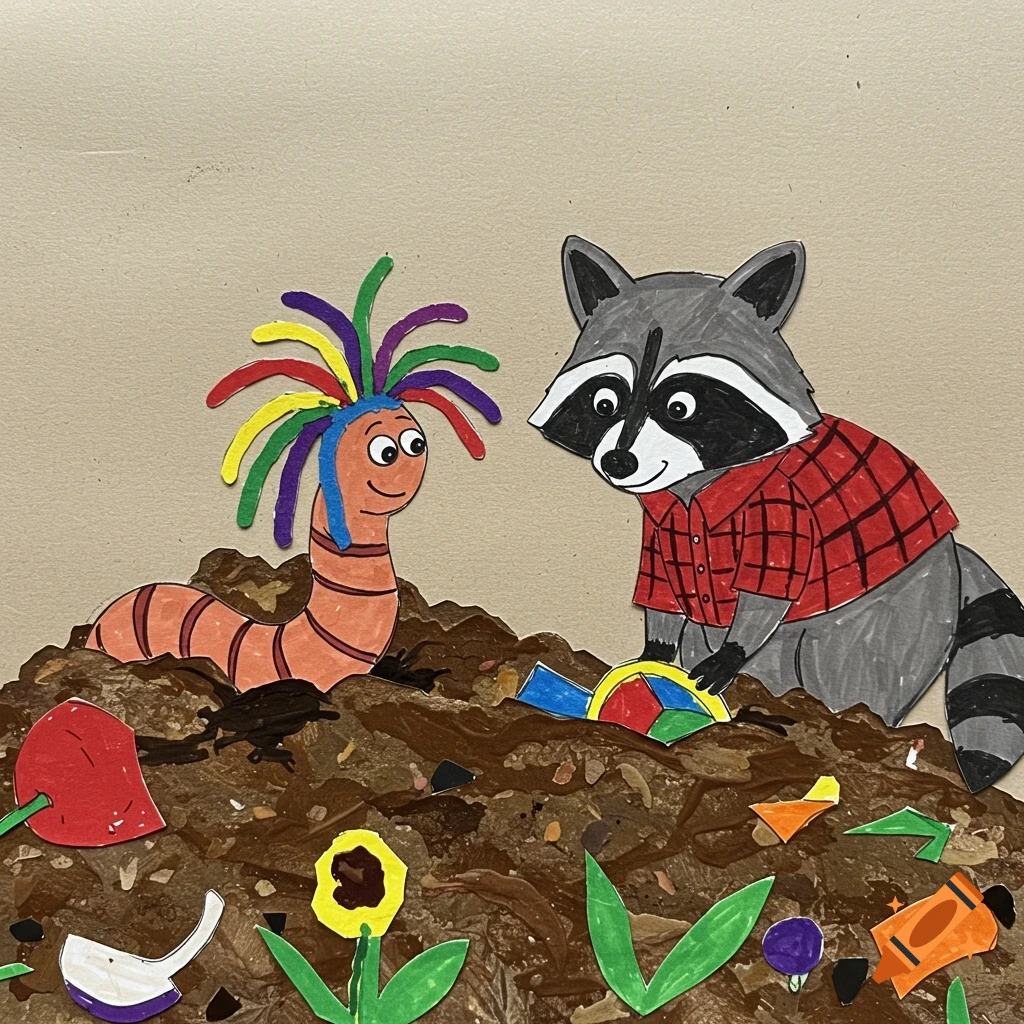 A cartoon worm with colorful spikes and a raccoon in a plaid shirt in a compost pile, collage style.