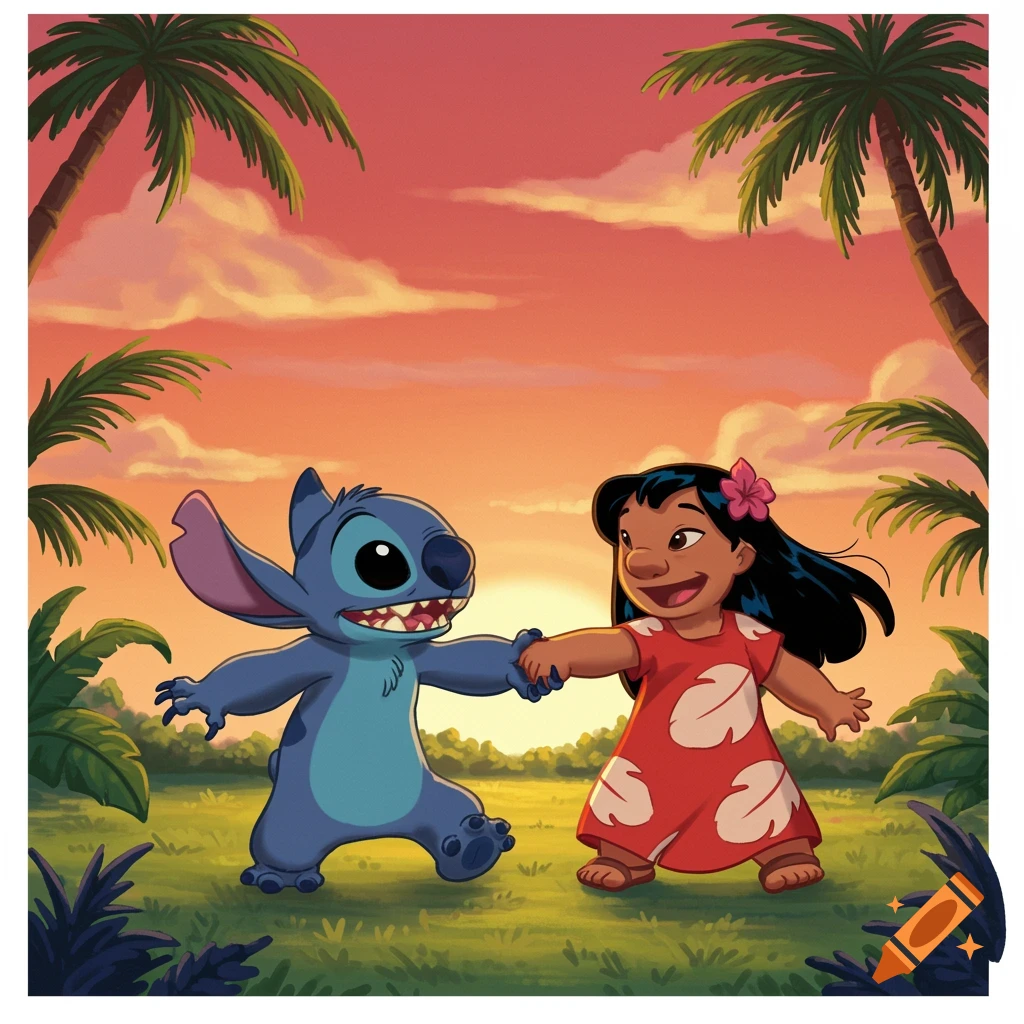 Cartoon illustration of Lilo and Stitch dancing in a tropical sunset.