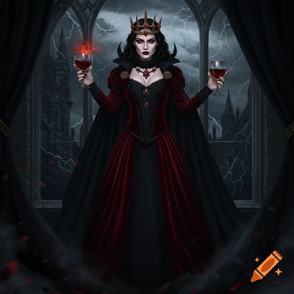 A dark queen in a red dress and crown holds two glasses of wine in a castle window with a stormy sky.