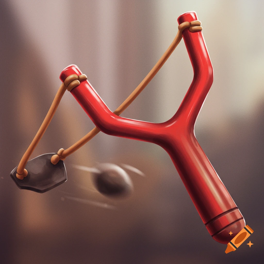 A red slingshot firing a stone.