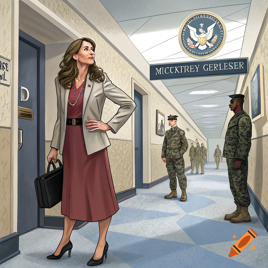 An illustration of a woman in a suit and dress walking down a government hallway with soldiers standing by.