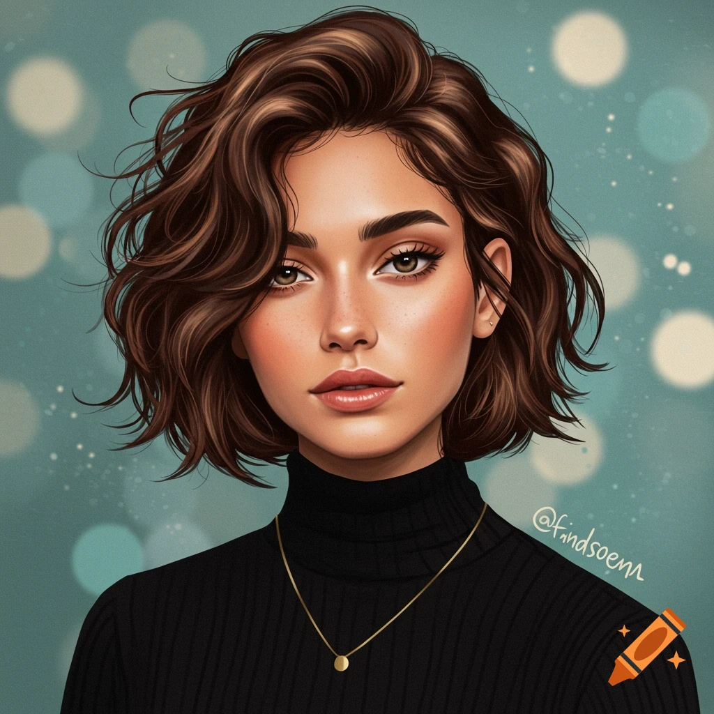Portrait of a young woman with short brown wavy hair and a black turtleneck.