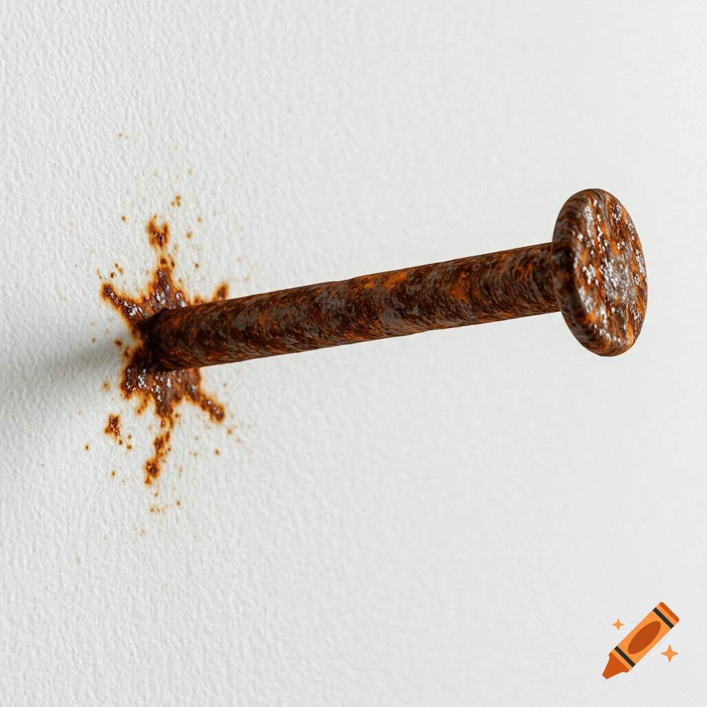 Close-up side view of a rusty nail sticking out of a white wall with rust stains.