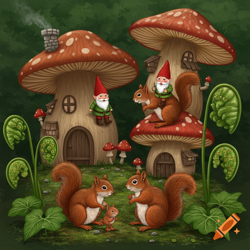 Gnomes, squirrels, mushroom houses, and fiddlehead ferns in a forest