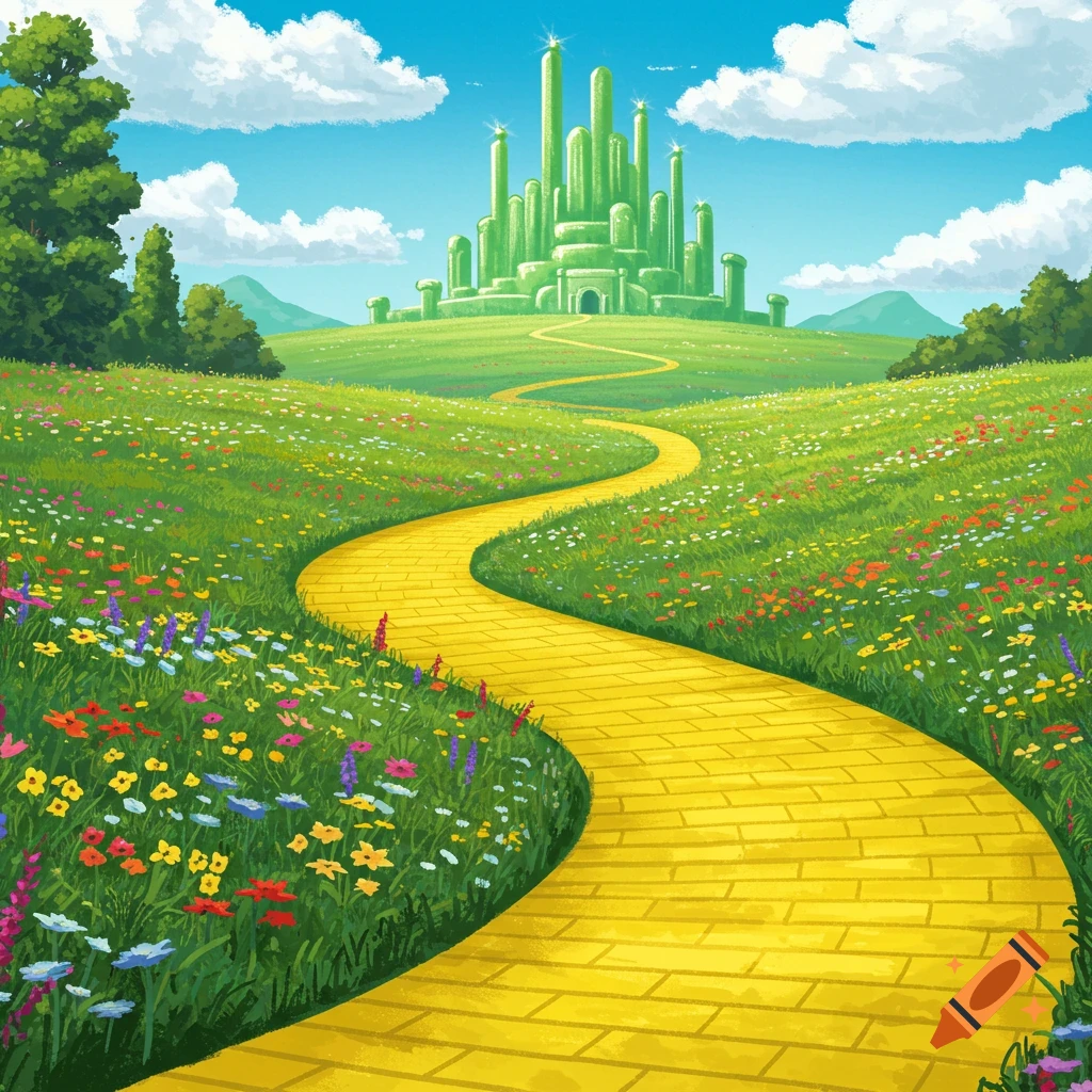 The yellow brick road winding through a meadow filled with colorful flowers towards the Emerald City under a blue sky.