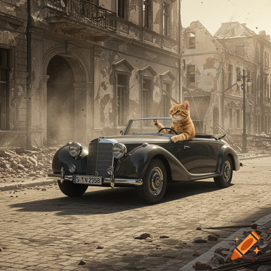 A ginger cat drives a vintage convertible through the ruined streets of a city, in a sepia-toned photo.