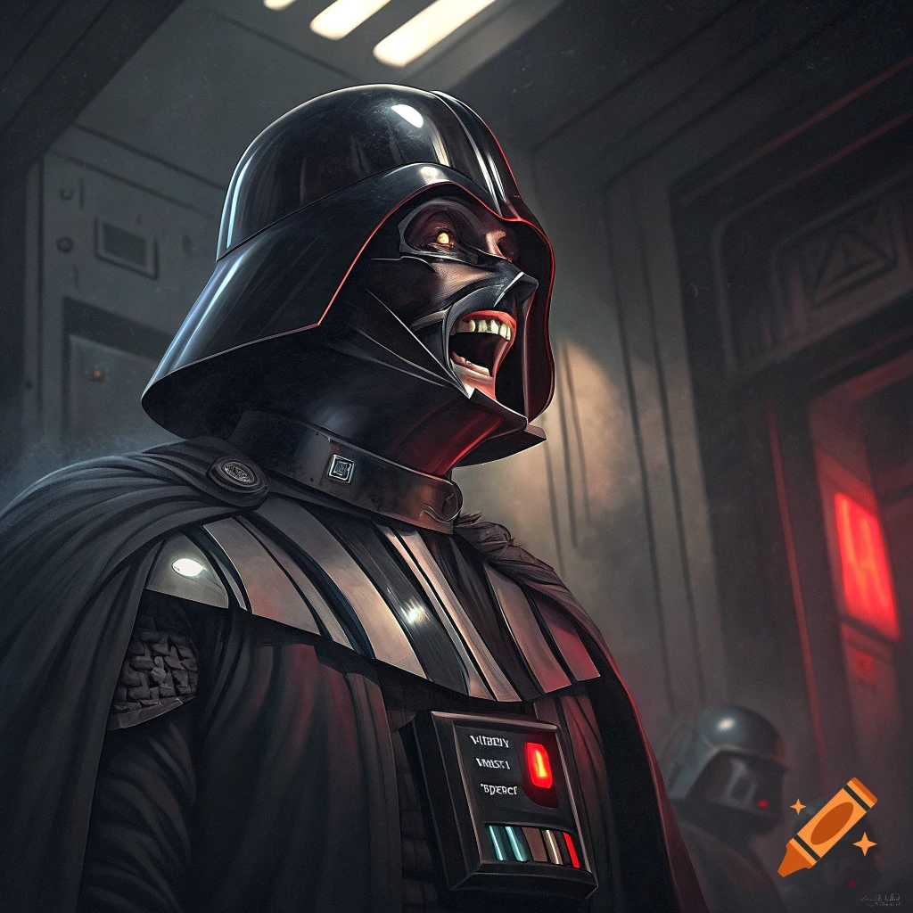 Close-up of Darth Vader laughing with his helmet open, standing in a dark spaceship hallway.