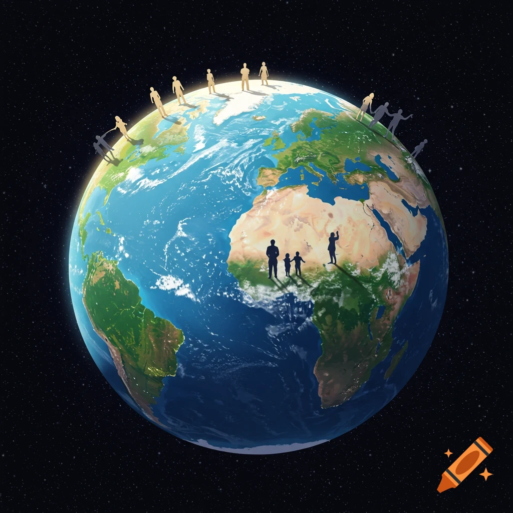 A view of Earth from space with silhouettes of people standing on the surface.