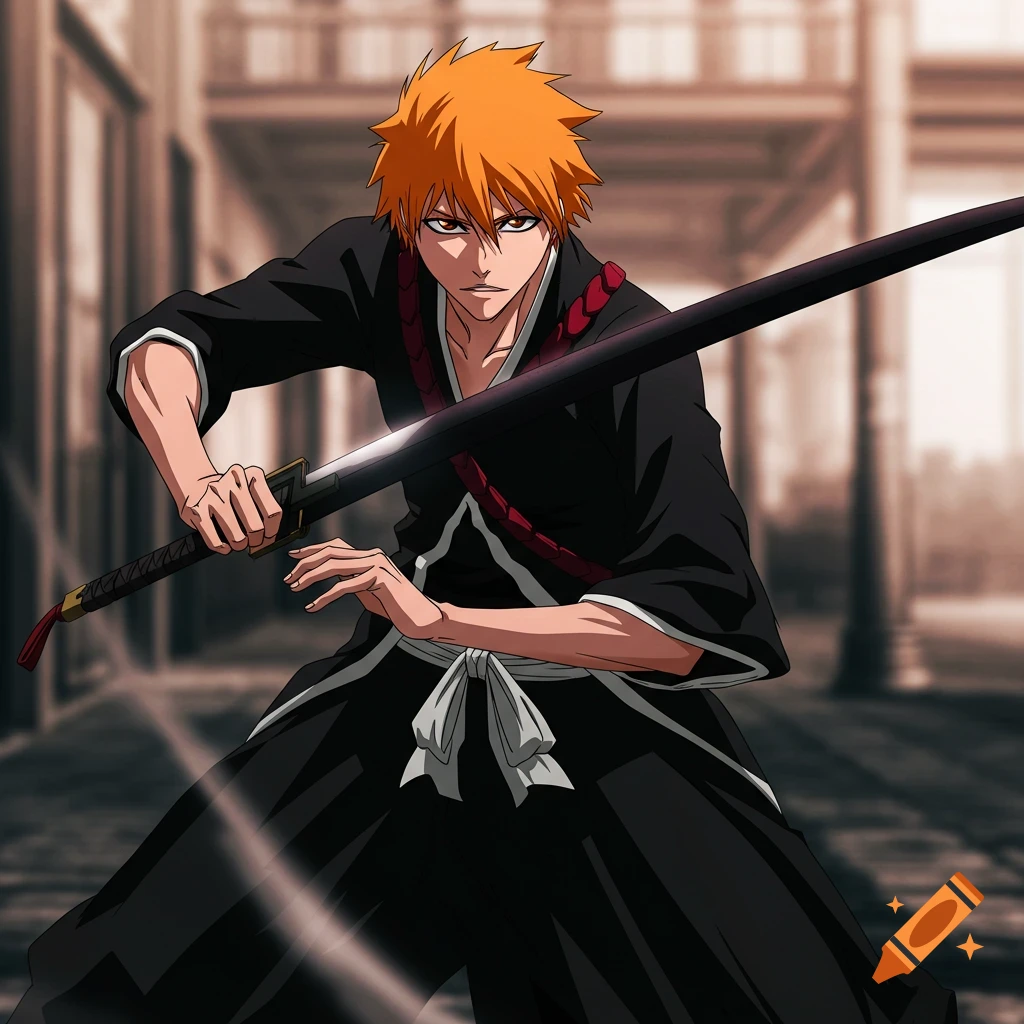 Anime character Ichigo Kurosaki in black robe holding a large sword.