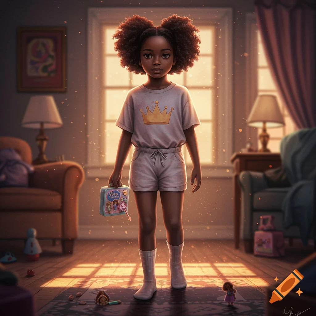 A young black girl holding a Polly Pocket case in a sunlit room.